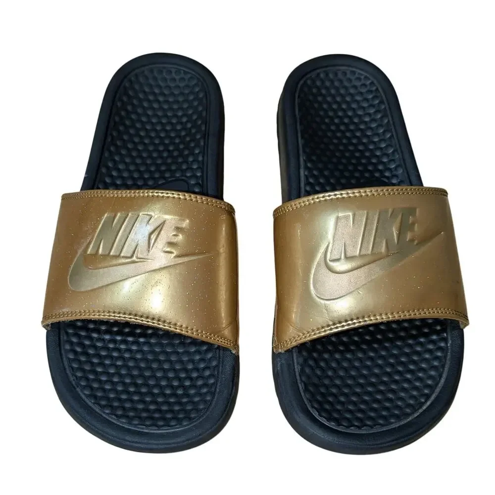 Nike Benassi JDI Slide Sandals Womens 8 Gold Glitter Logo Comfort Slip On